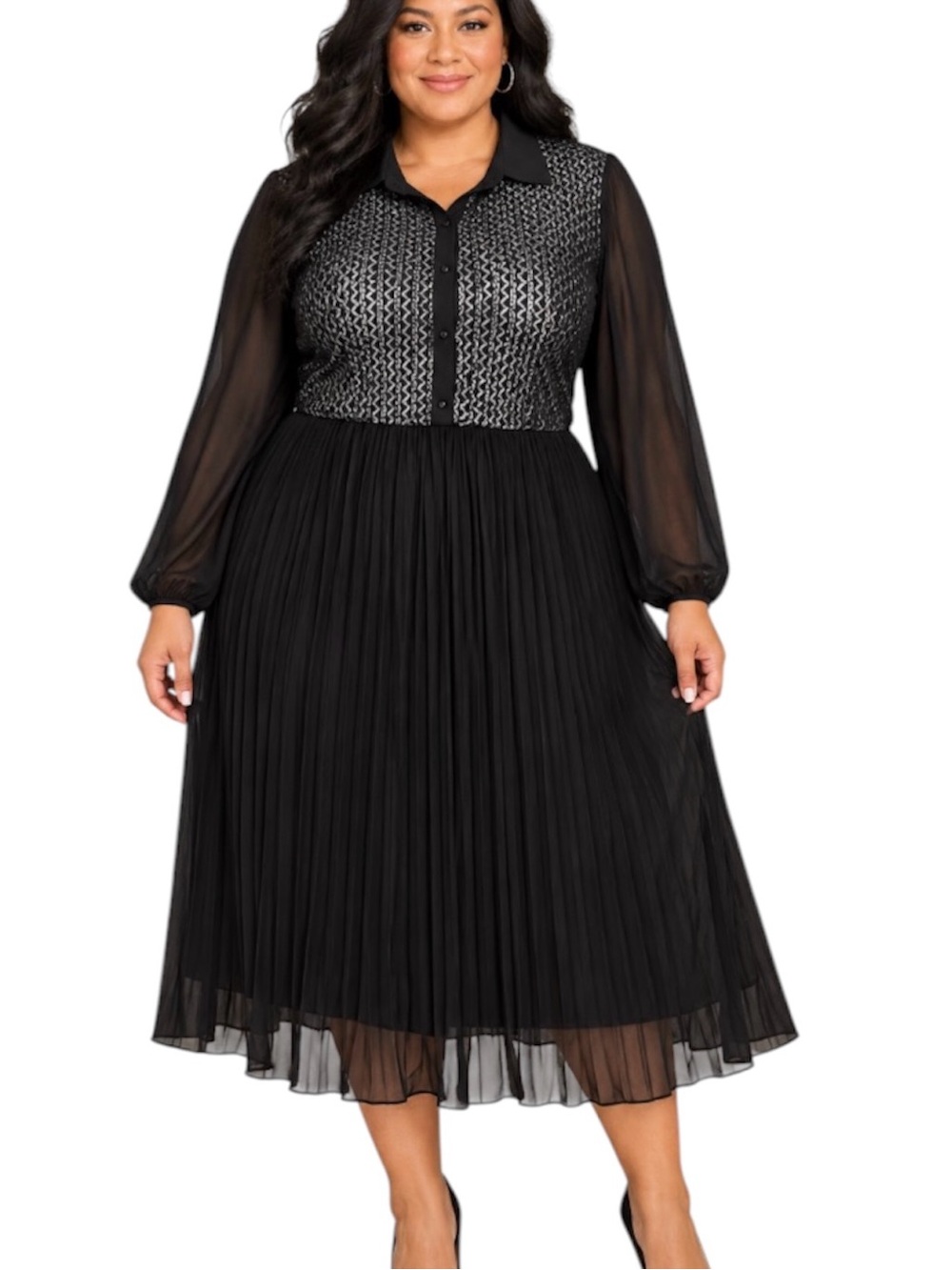 LOVEDROBE Plus Size Black Sheer Pleated Midi Dress with Patterned Bodice